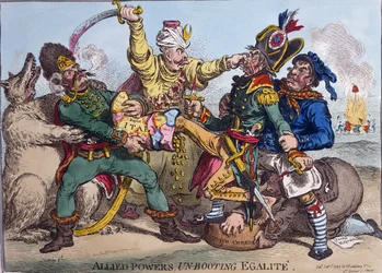 Az Allied Powers Un-Booting Egalite, Hannah Humphrey adta ki 1799-ben (kézzel színezett rézkarc)