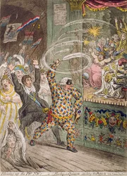 A Pic Nic felrobbantása, avagy Harlequin Quijote támadja a bábukat, Hannah Humphrey adta ki 1802-ben (kézzel színezett rézkarc akvatintával)