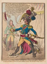 Bonaparte Nelsons Victory hallatán a kardjára esküszik, hogy kiirtsa az angolokat a Földről, kocsma. 1798 (kézzel színezett metszet)