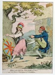 Hannah Humphrey 1793-ban kiadott Britannia francia tartózkodásban, avagy újraformálódás az alkotmány költségén (kézzel színezett rézkarc)