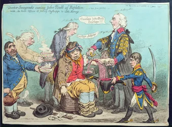 Dr. Sangrado gyógyítja John Bull-t a hullafájásból, kiadta Hannah Humphrey 1803-ban (kézi színezett metszet).