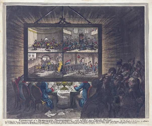 A Demokratikus Transzparencia kiállítása a hazafias érzelmekre gyakorolt hatásával, kocsma. 1799 (kézzel színezett metszet)