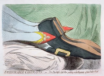 Hannah Humphrey 1792-ben kiadott Fashionable Contrasts, avagy A hercegnő kis cipője, amely engedi a herceg lábának nagyságát (rézkarc wc-vel)