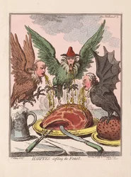 Hárpiák bemocskolják az ünnepet, kocsma. 1799 (kézzel színezett metszet)