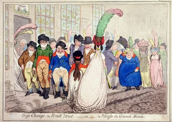 High Change in Bond Street, vagy La Politesse du Grande Monde, Hannah Humphrey adta ki 1796-ban (kézzel színezett rézkarc)