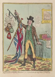 A súlyok és mértékek fejlesztése, vagy Sir John Seeclear, aki felfedezi minden brit zászló, kocsma egyensúlyát. 1798 (kézzel színezett metszet)