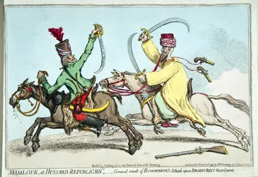 Mamlouk et Hussard Republicain, avagy Bonaparte Ibrahim Bey hátvédje elleni támadásának általános eredménye, Hannah Humphrey adta ki 1799-ben (kézzel színezett rézkarc)