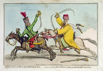 Mamlouk et Hussard Republicain, avagy Bonaparte Ibrahim Bey (1735-1817) hátvédje elleni támadásának általános eredménye, Hannah Humphrey adta ki 1799-ben (kézzel színezett rézkarc)