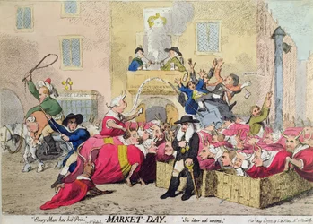 Market Day, kiadó: S.W. Fores 1788-ban (kézzel színezett rézkarc)