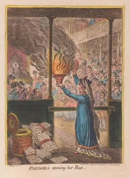 Pandora kinyitja szelencéjét, kocsma. 1809 (kézzel színezett metszet)
