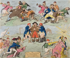 Sans-Culottes Feeding Europe with the Bread of Liberty, kiadta Hannah Humphrey 1793-ban (kézi színezett metszet).