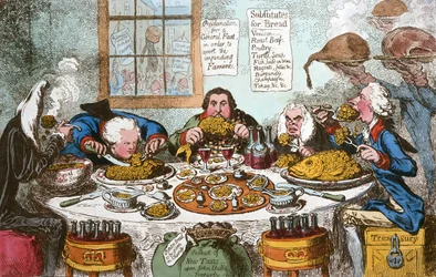 Substitutes for Bread, or Right Honourables Saving the Loaves  Dividing the Fishes, kiadta Hannah Humphrey 1795-ben (kézi színes metszet).