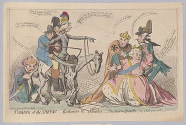 A cickány megszelídítése: Katherine & Petruchio; A Modern Quijote, vagy amit akarsz, kocsma. 1791 (kézzel színezett metszet)