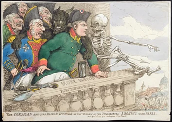 A korzikai és vérebek a Tuileriák ablakában, Párizsra nézve, Hannah Humphrey 1815-ben (kézzel színezett rézkarc)