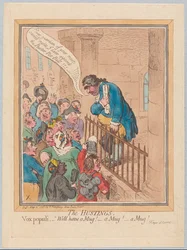 Hustingék. Vox Populi Hát legyen bögréd! Egy bögre! Egy bögre!, kocsma. 1796 (kézzel színezett metszet)