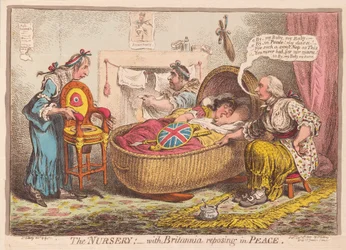 Az óvoda; Britannia békében pihen, kocsma. 1802 (kézzel színezett metszet)