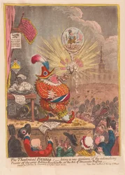 Theatrical Bubble: a nagy Politico-Punchinello elképesztő Erőinek új példánya a drámai pöffeszkedés művészetében, pub. 1805 (kézzel színezett metszet)