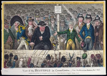 A Covent Gardeni Hustings képe, Hannah Humphrey 1806-ban (kézzel színezett rézkarc akvatintával)