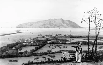 Kingston és Port Royal, az „A festői körút Jamaica szigetén” című filmből, Thomas Sutherland metszet (litográfia)