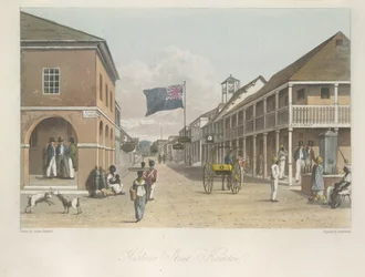 Kilátás a Kingston állambeli Harbour Streetre (keletre nézve) egy festői körútról Jamaica szigetén, 1820-ban és 1821-ben készült rajzokból.