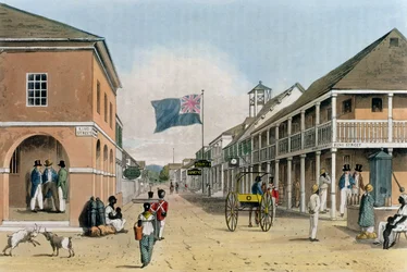 Kilátás a Harbour Streetre, Kingston, Jamaica, "A festői körút Jamaica szigetén", Thomas Sutherland metszetéből