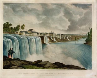The Upper Falls of the Genesee, Rochester, New York, metszett J. Buffford (1810-70) (színes metszet)