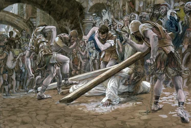 Krisztus leesik a kereszt alatt, illusztráció a Krisztus életéhez, 1884-96 körül (wc és gouache kartonon)