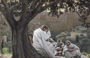 Krisztus megjövendöli a templom pusztulását, illusztráció a Krisztus életéhez, 1886-94 körül (wc és gouache kartonon)