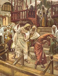 Jézus meggyógyít egy démontól megszállott férfit a zsinagógában, illusztráció a „La Vie de notre Seigneur Jésus-Christ” című műhöz, megjelent Tours-ban 1896-ban