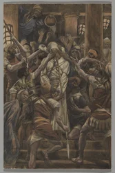 Rossz bánásmód a Kajafás házában, illusztráció az Urunk Jézus Krisztus élete című könyvből, 1886-94 (wc grafit fölött, papíron)