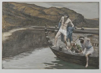 Szent Péter, akit Szent János figyelmeztet az Úr jelenlétére, a vízbe veti magát, illusztráció Urunk, Jézus Krisztus élete című műből, 1886-94