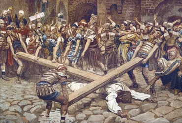 Simon de Cyrene Kényszer a kereszt viselésére – A cirénei Simon kénytelen viselni a keresztet – „A mi Urunk Jézus Krisztus életéből” – 1899 James Tissot – La vie de notre seigneur Jesus Christ, Jacques Joseph (Jacques Joseph ) Tissot mint James Tissot (