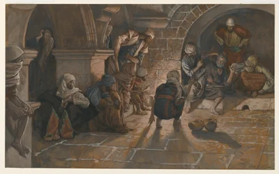 Szent Péter második megtagadása, illusztráció az Urunk Jézus Krisztus életéből, 1886-94 (wc grafit fölött, papíron)