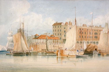 Kilátás a Billingsgate rakpartra és a piacra hajókkal és emberekkel, London City, 1824.
