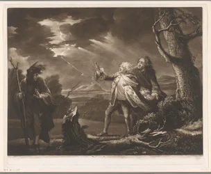 David Garrick Lear király szerepében Kent grófjával és Tomnak álcázott Edgarral egy viharos tájon