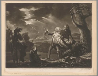 David Garrick Lear király szerepében Kent grófjával és Tomnak álcázott Edgarral egy viharos tájon