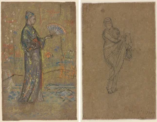 Legyezőt festő japán nő (recto); ruháját felemelő álló nő (verso)