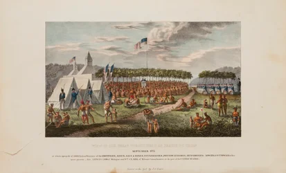 A Prairie Du Chienben 1825 szeptemberében tartott nagy szerződés látképe, a The Aboriginal Portfólióból