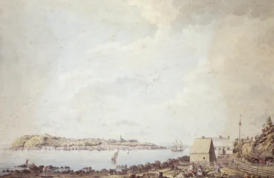 Kilátás Quebec városából, Kanada fővárosából, a Ferry House-ból a folyó másik oldalán, 1784. október 3-án (toll, tinta és akvarell papíron)