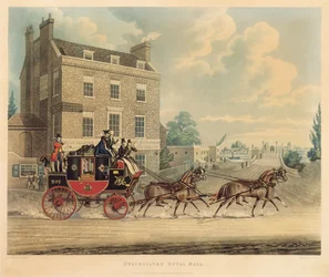 Quicksilver Royal Mail áthalad a Star és a Harisnyakötő mellett a Kew Bridge-nél, 1835
