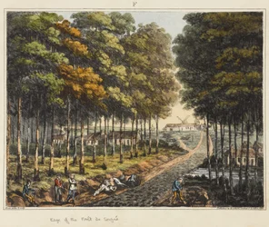 A Foret de Soignes széle, az „An Historical Account of the Battle of Waterloo”, 1817 (színes akvatinta)