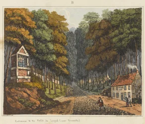 A Brüsszel melletti Foret de Soigne bejárata, 1815, „An Historical Account of the Battle of Waterloo”, 1817 (színes akvatinta)