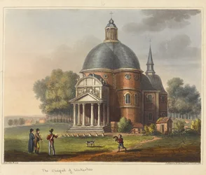 A Waterloo-i kápolna, a "Történelmi beszámoló a waterloo-i csatáról" című műből, 1817 (színes akvatinta)