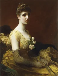 Lady Dixon Rhedai portréja, háromnegyed hosszú, sárga ruhában ül, virágokkal és legyezővel,