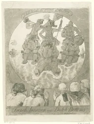 Spotprent op de Franse invasie, 1795 Francia invázió a holland fenékre. Ombres Chinoises / Terror the Order of the Day (cím a tárgyon)