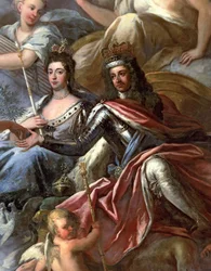 A festett terem mennyezete, III. Vilmos király 1650-1702 és II. Mária királynő 1662-1694 trónoló részlete, 1707-14 lásd: 208087