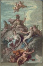 Juno, Minerva és Vénusz elküldi a Merkúrt a viszály almával, 1718 körül