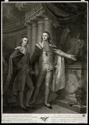 I. Pavlovics Sándor (1777-1825) és Konstantin Pavlovics (1779-1831) oroszországi nagyhercegek portréi. James Walker munkája (1748-1808 körül), metszet 1797. Angol művészet