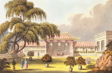 Lakóterem egy Mandarin Házban Kanton közelében, a „Journal of a voyage, 1811 and 1812 to Madras and China”, metszett J. Clark, kiadva 1814-ben