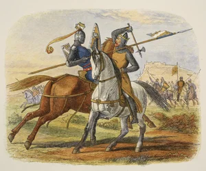 Sir Robert Bruce megöli Sir Henry Bohunt, az A Chronicle of England BC 55 to AD 1485, pub. London, 1863